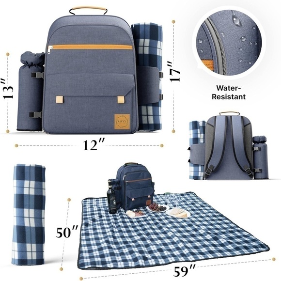 Brand New Picnic Backpack Set for 4 Insulated Large Cooler Waterproof Blanket - Picture 2 of 16
